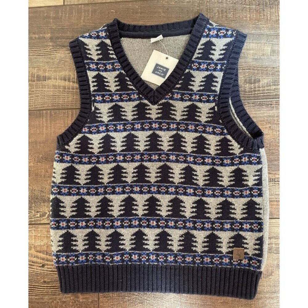 NWT Janie & Jack Blue Sweater Vest Trees Sz 4 Christmas Holiday